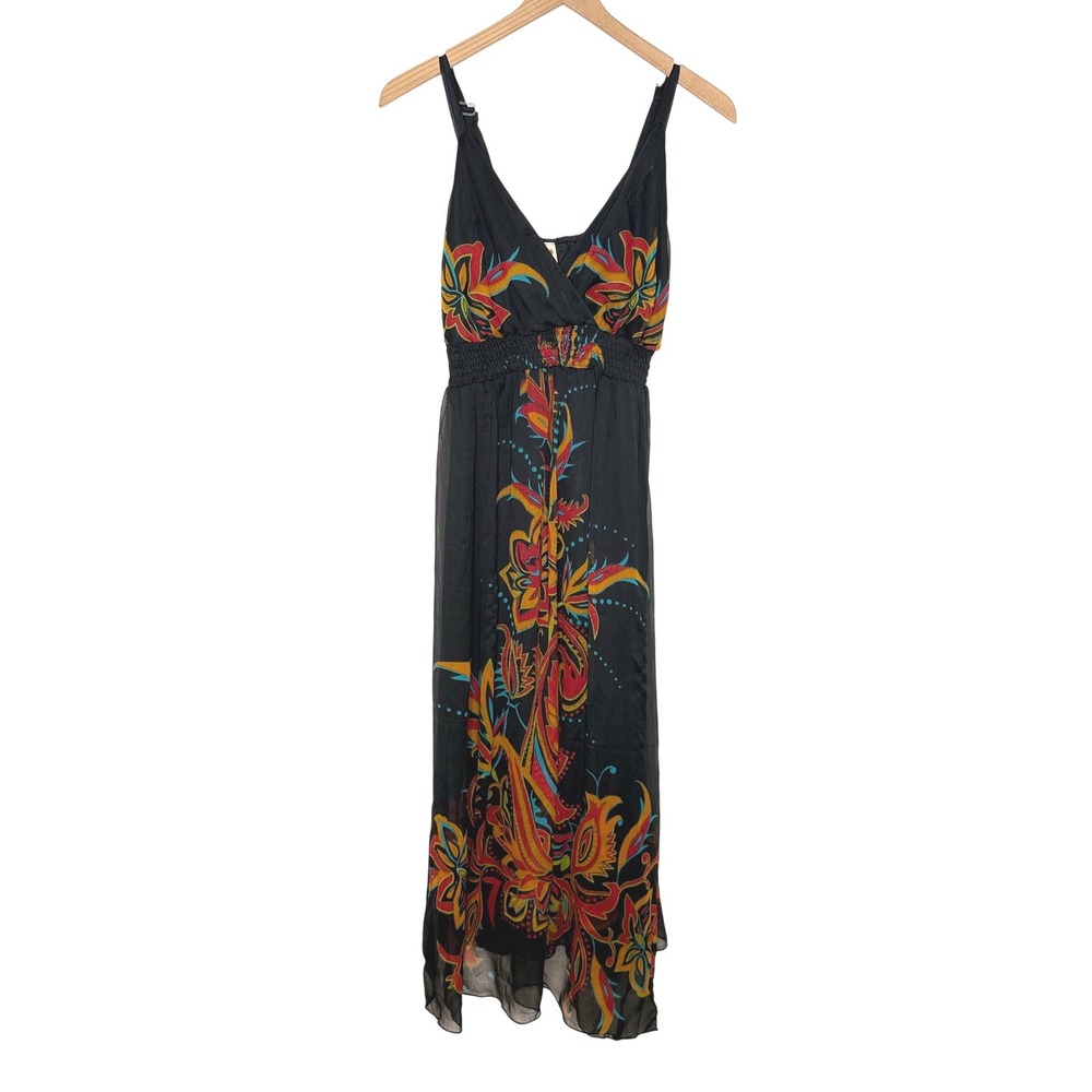Black Floral Maxi Dress Paisley Smocked Boho Tropical Autumn Wedding Guest New